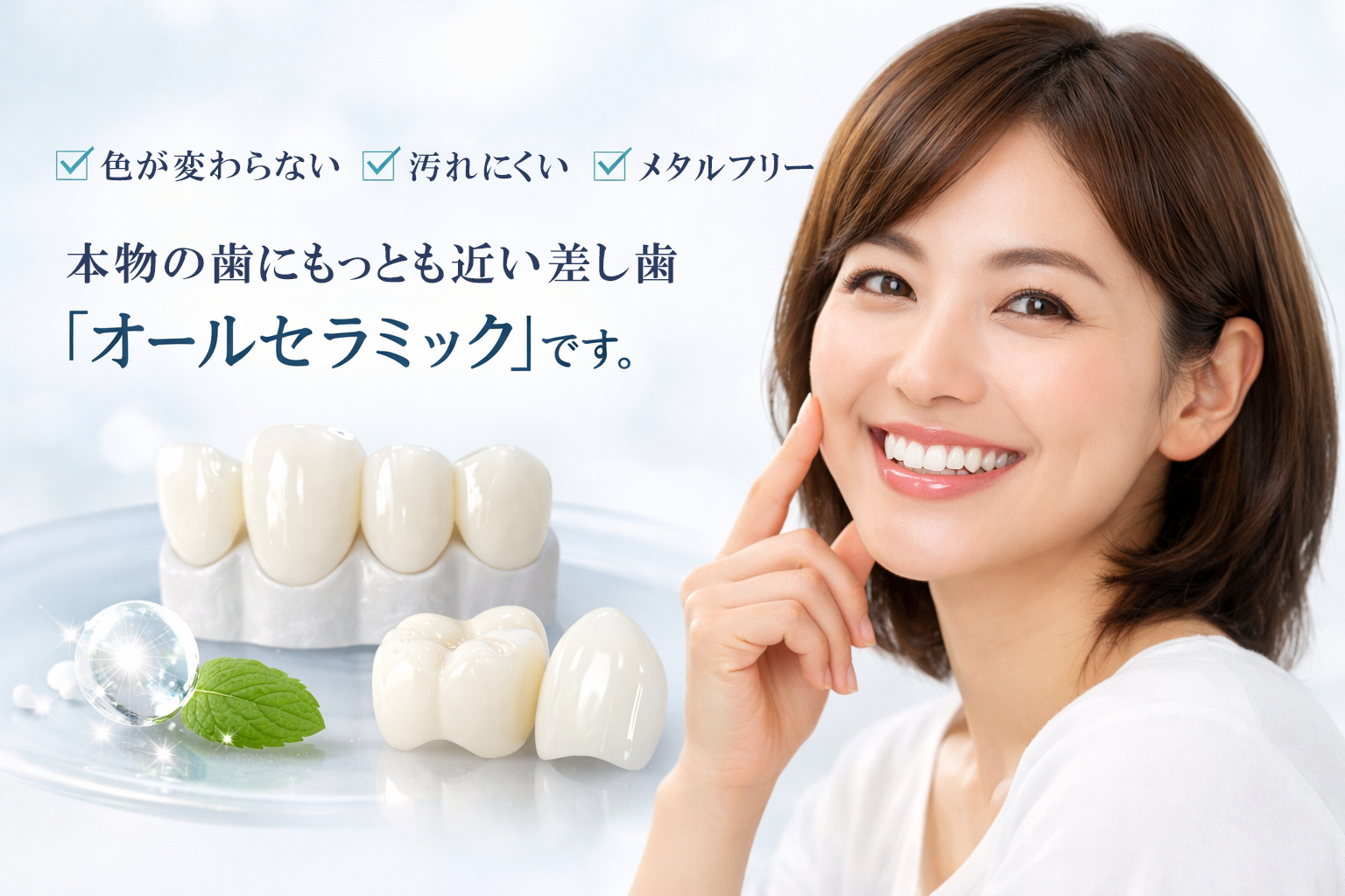 色が変わらない、汚れにくい、メタルフリー。本物の歯にもっとも近い差し歯「オールセラミック」です。